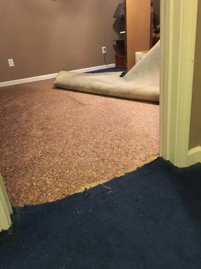 Carpet pad removal revealing water damage during Water Mitigation Services in Caln